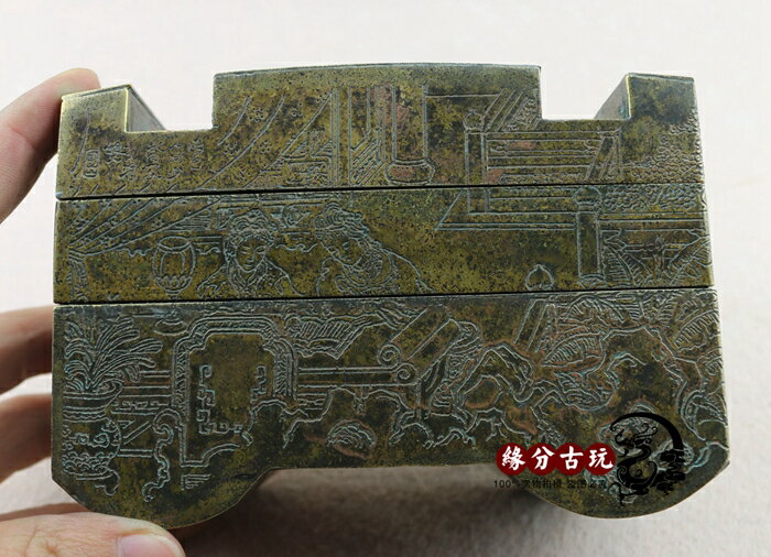 古玩銅器收藏 文房四寶永宜昌三層墨盒硯臺 鏤空香爐侍女人物仿古1入