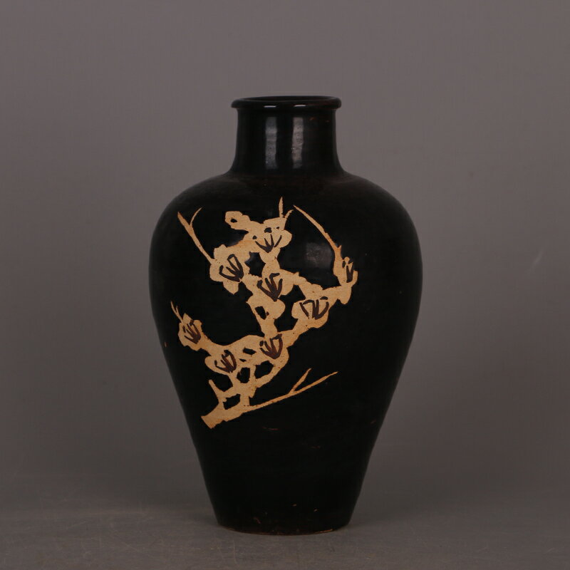 宋磁州窯 黒釉 手刻花梅瓶 宋吉州窯黑釉刻