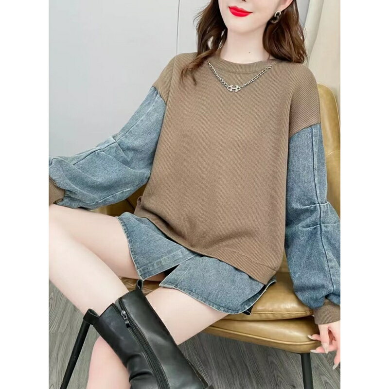 現貨+預購 針織衫長袖毛衣-牛仔拼接針織女上衣2色74jl59【獨家進口】【米蘭精品】 1