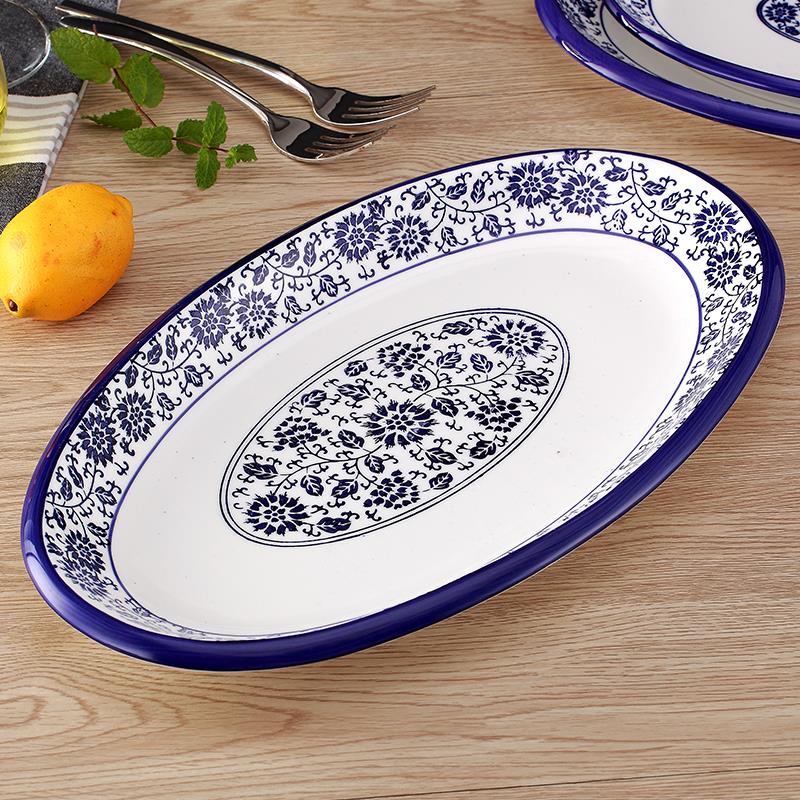 創意青花瓷陶瓷餐具日式魚盤陶瓷橢圓形家用菜盤個性魚盤復古盤子
