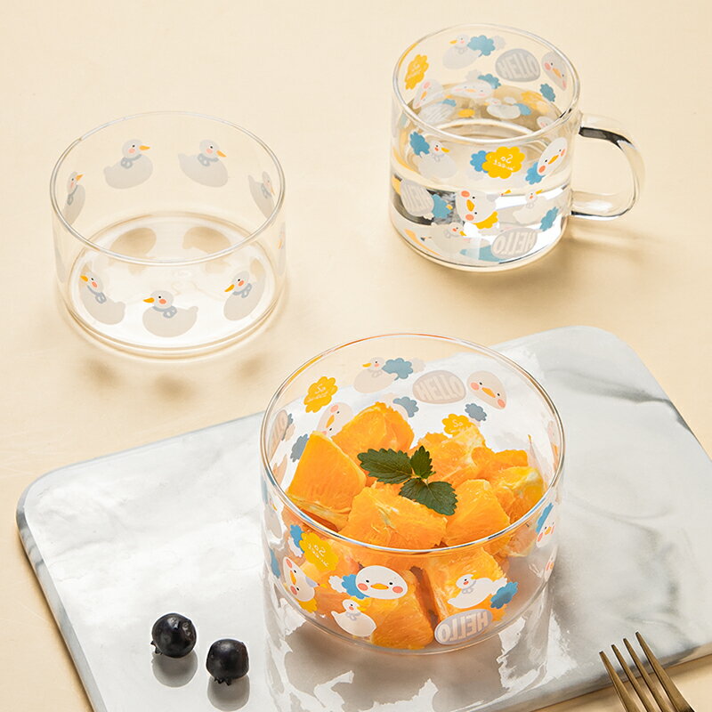 墨色卡通ins風透明玻璃餐具套裝創意可愛卡通碗盤組合水果沙拉碗