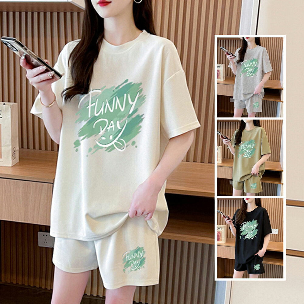 ＊ORead＊圓領短褲印花休閒運動套裝(4色M~XL)