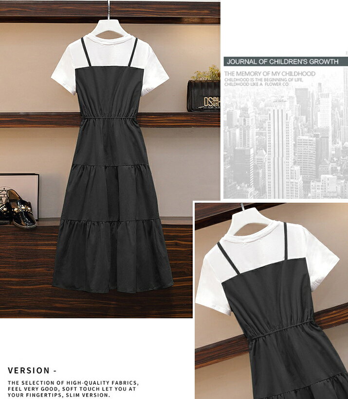 韓系恬靜．吊帶假兩件拼接收腰顯瘦短袖洋裝- shiny藍格子【V3300】 6