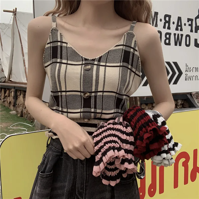 女士背心 小可愛 復古法式背心 收腰格子修身吊帶 顯瘦短款V領上衣 針織吊帶背心 女生背心【不二雜貨】