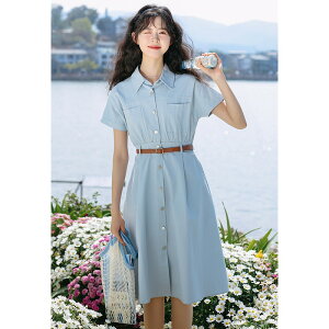 氣質藍色襯衫裙女夏季小個子設計感POLO領收腰顯瘦連身裙