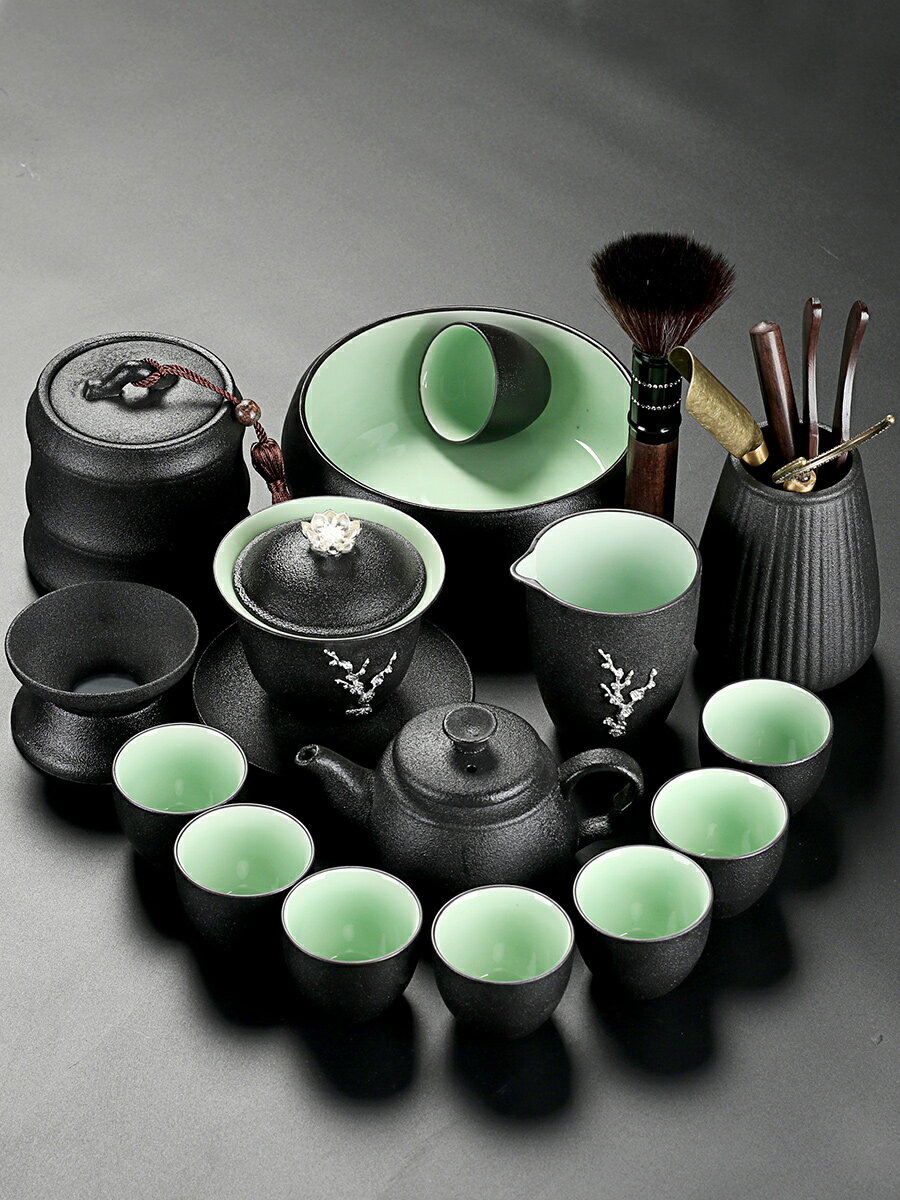 日式黑陶功夫茶具套裝復古家用簡約陶瓷泡茶壺蓋碗泡茶杯茶道配件