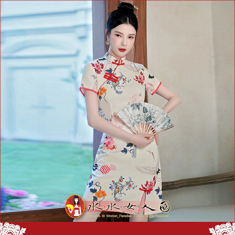 時尚國潮短旗袍四面彈復古印花年輕款女洋裝新款改良版日常穿搭必備迷人少女連身裙-邂逅流年(杏色)-水水女人國