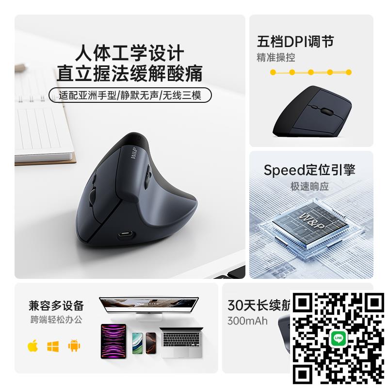 【美國W&P】滑鼠靜音三模人體工學垂直立式辦公電腦通用