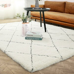 北歐客廳羊毛床邊地毯ins簡約現代臥室菱形白色長絨毯毛長3公分