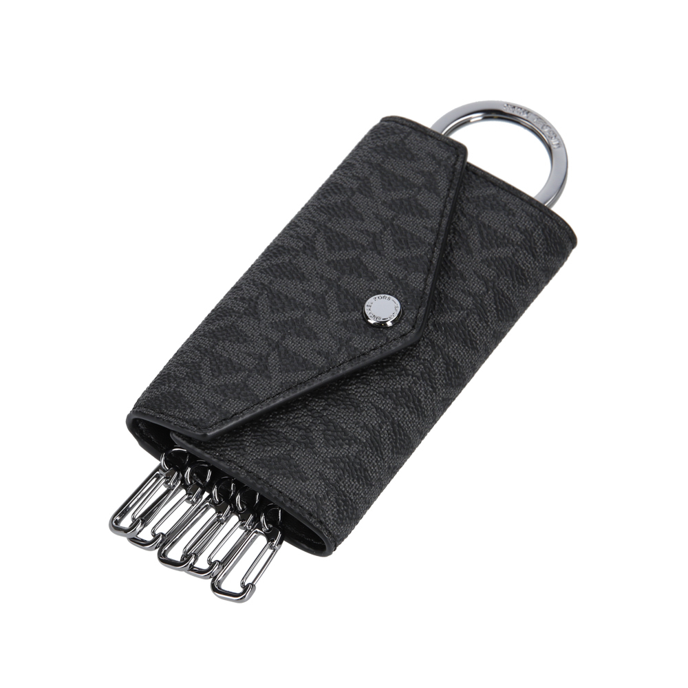 MICHAEL KORS 經典滿版鑰匙包 防刮老花PVC塗層帆布  M48705 黑色MK(現貨)▶指定Outlet商品5折起☆現貨【送禮首選★APP下單點數4倍送】
