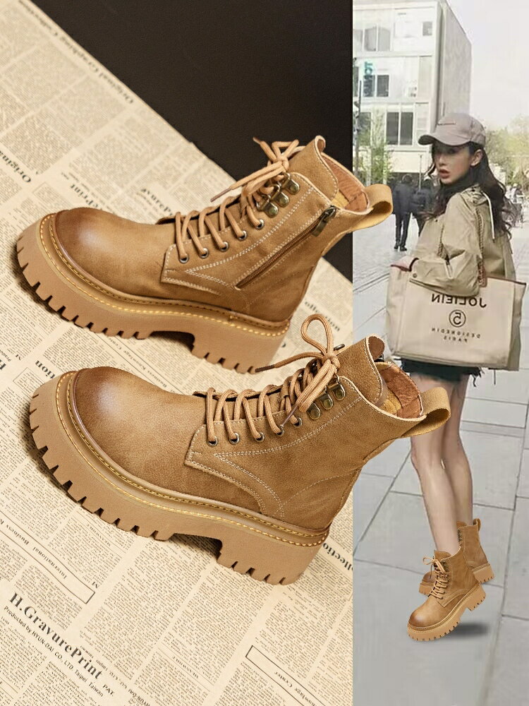 馬丁靴女2024秋冬新款英倫風真皮爆款加絨短靴子厚底內增高機車靴【雲木雜貨】