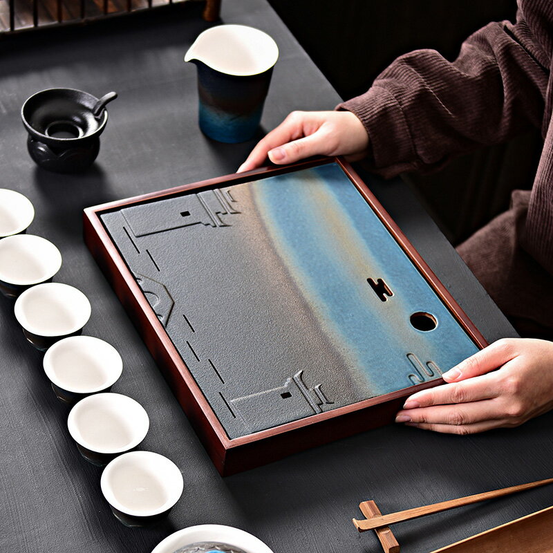 陶福氣 禪意茶盤陶瓷儲水干泡茶臺 方形中式功夫茶具托盤家用茶海