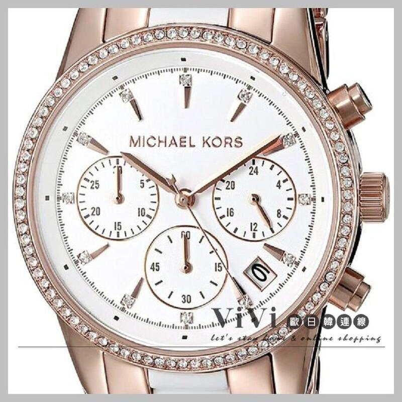 『Marc Jacobs旗艦店』美國代購 Michael Kors 正白玫瑰金晶鑽三眼計時腕錶