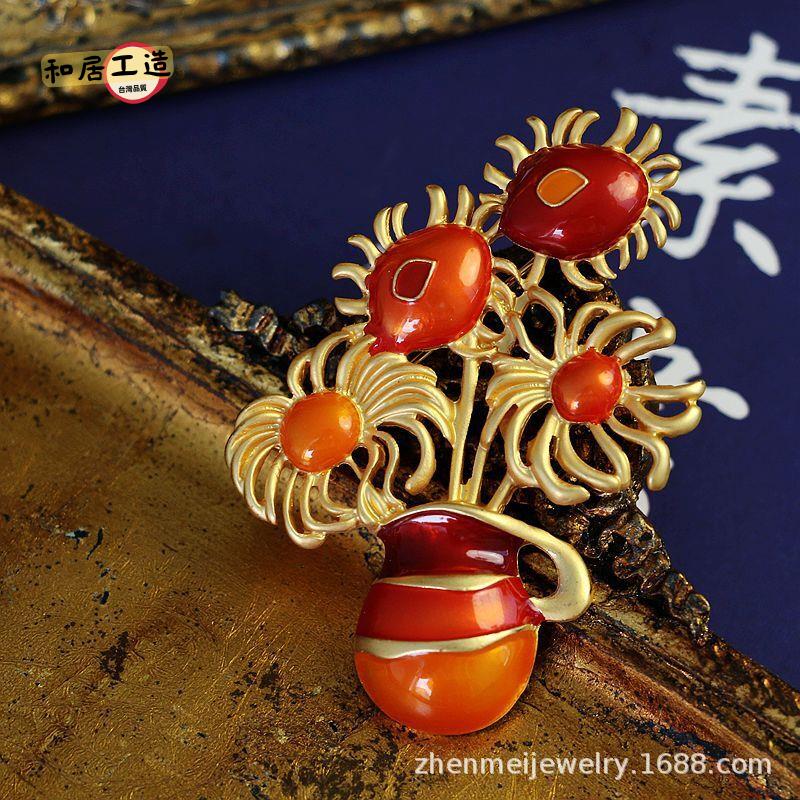 真美飾品原工廠vintage中古圖冊純手工琺瑯向日葵花朵胸針[DD0508003]