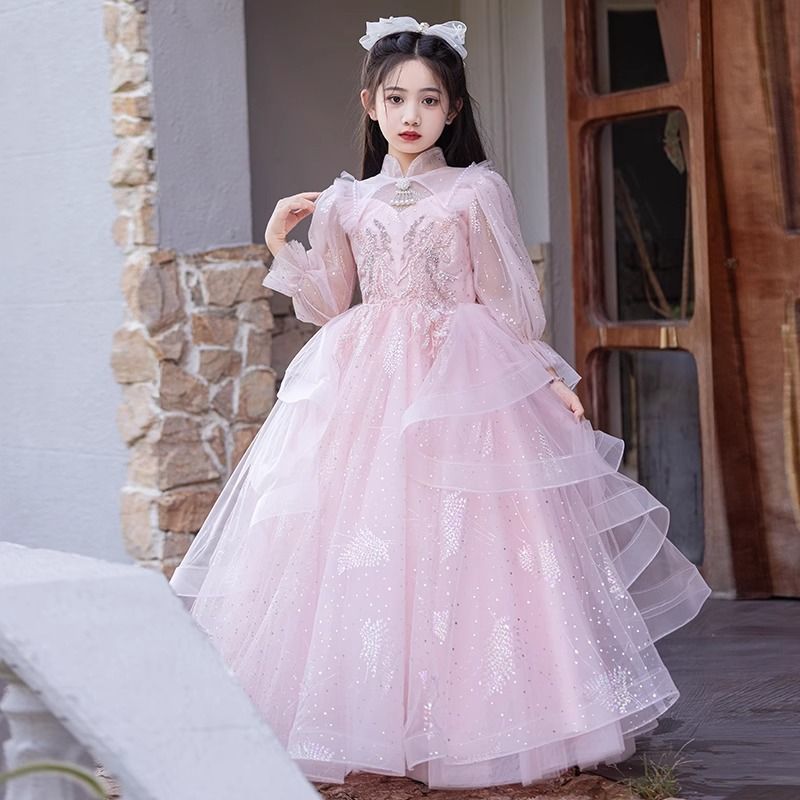 【氣質領型】粉色女童高級禮服長袖春夏花童婚紗公主裙小女孩生日宴鋼琴演奏服