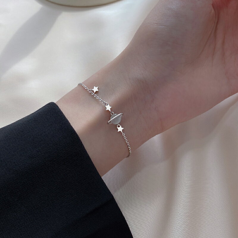 S925銀星球手鏈女ins小眾設計學生貓眼石森系閨蜜手飾二人款飾品