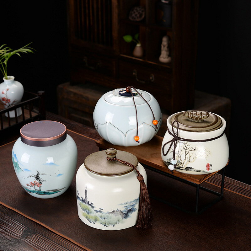 中式復古陶瓷茶葉罐儲茶罐密封罐儲存罐精品高檔存茶盒裝茶的罐子