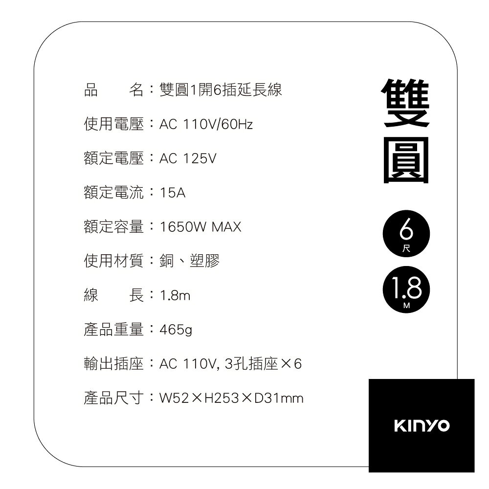【KINYO】1開6插雙圓延長線(CGCR) 6呎 耐燃材質 防突波 | 台灣製造 9