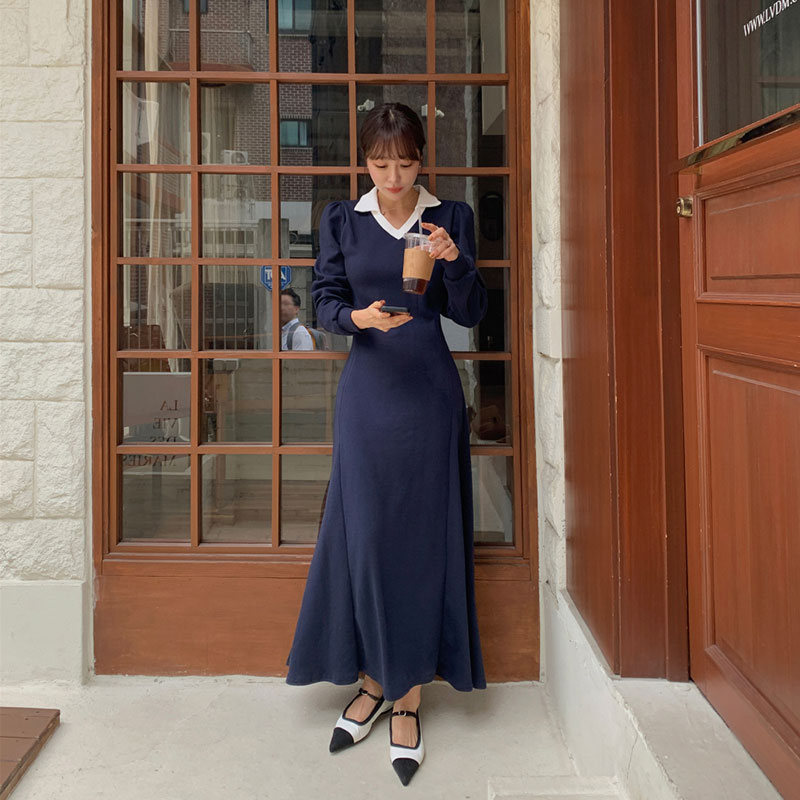 ANNAS 正韓 POLO領魚尾洋裝 顯腰身洋裝 長袖連身裙 長洋 長裙 長洋裝 襯衫 顯瘦 縮腰 文青 V領 韓國 5