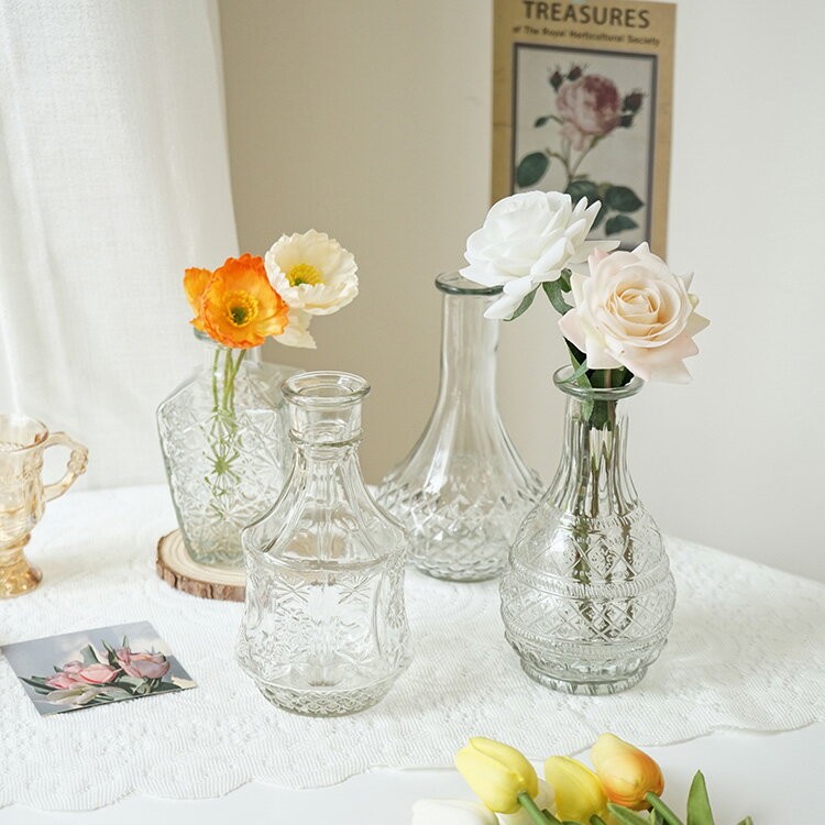 元氣角落 ins復古浮雕透明玻璃花瓶北歐裝飾桌面擺件干花插花花瓶