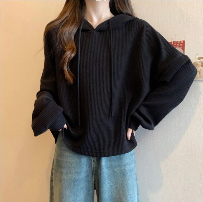 大碼紋理感坑條連帽長袖t恤女秋季新款寬松顯瘦時尚上衣女【繁星小鎮】