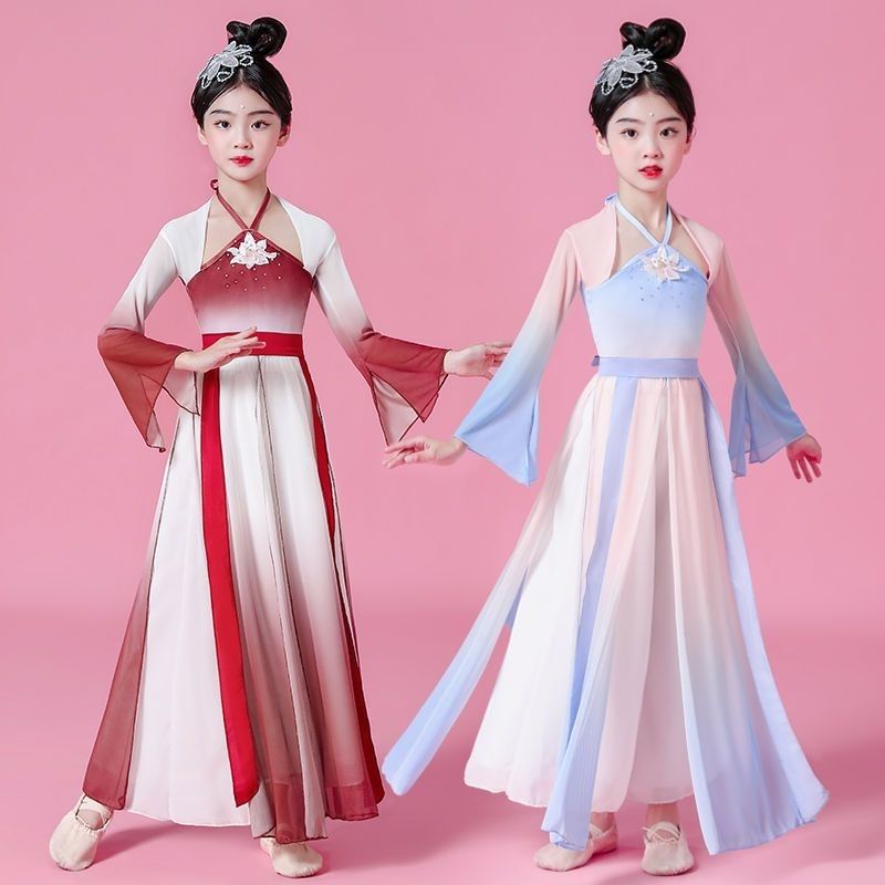 兒童古典舞演出服 飄逸練功服套裝 身韻中國風扇子舞古風女童舞蹈服【不二雜貨】