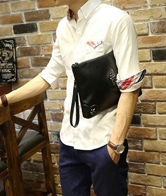 FINDSENSE Z1 韓國 時尚 潮 男 黑色 皮質 十字金屬 休閒 手拿包 皮夾包 公事包 多功能 側背包