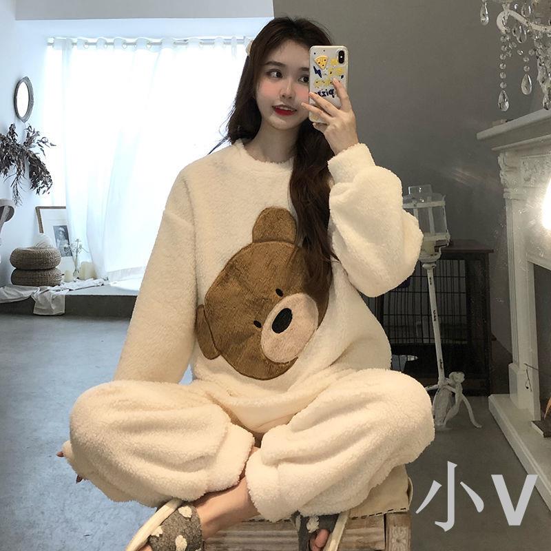 小V優購 韓版睡衣女冬加厚加絨套裝新款珊瑚絨ins小熊外穿可愛甜美家居服