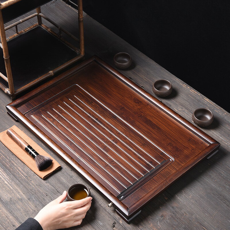 陶福氣 家用胡桃色排水式茶盤 長方形平板茶托盤簡約家居百搭茶臺