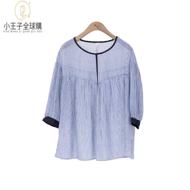 【公司現貨速發】免運 開發票 小王子女裝夏款棉女士小衫圓領細條紋輕薄純 通勤百搭7分袖寬松上衣女裝上衣 流行女裝 棉麻 早秋 日韓女裝
