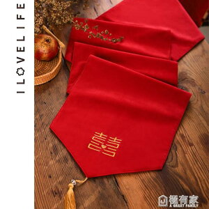 紅色喜桌旗結婚中式新中式床旗床尾巾輕奢電視柜茶幾桌布刺繡茶席 免運開發票