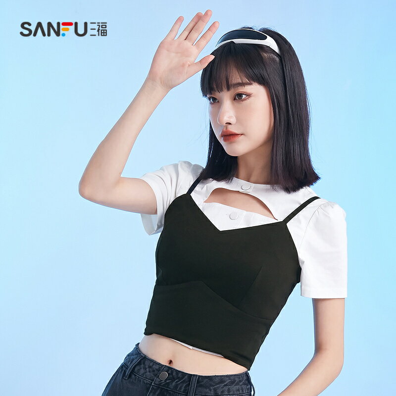 秒殺-三福夏季女後背拉鏈設計吊帶背心緊身短款上衣女439926