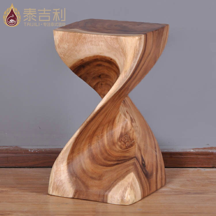 泰國進口創意換鞋凳時尚創意小木凳子實木家居手工整木雕刻旋轉凳1入