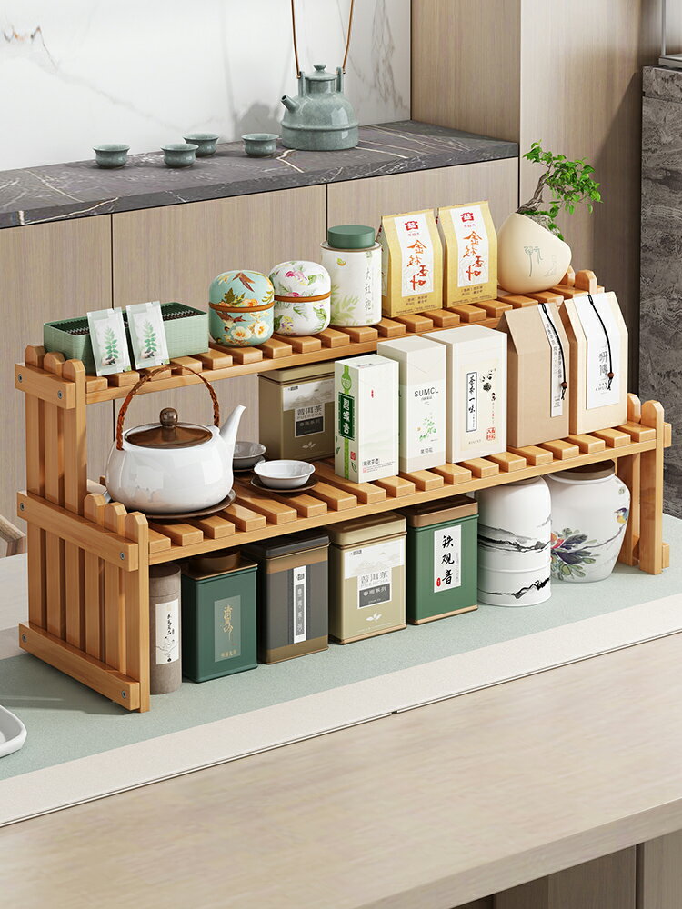 桌面博古架茶葉架實木新中式茶桌上置物架小型茶臺擺件茶具收納架