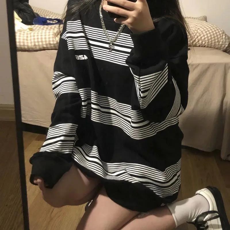 T恤長袖情侶條紋衛衣女潮美式復古寬松時尚百搭慵懶風上衣新款【倪醬】