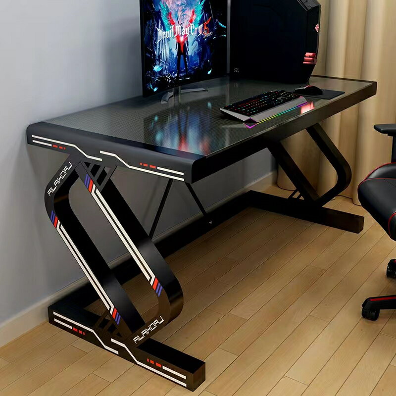 電競桌臺式家用電腦桌鋼化玻璃碳纖維紋理簡約臥室桌單人游戲桌子
