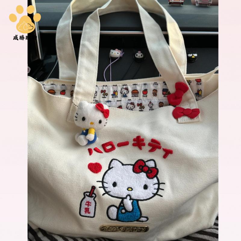 HelloKitty可愛刺繡帆布手提單肩包 大容量便攜式外出購物袋托特包 ws7311ws8051