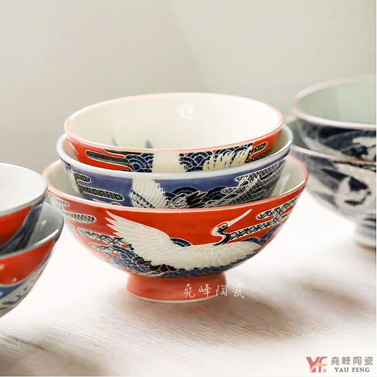 【堯峰陶瓷】日本美濃燒-紅鶴 毛料碗/大平碗 (單入)|動物 鳥 鶴 |情侶 親子碗|日式飯碗|日本製陶瓷碗|日本美濃燒飯碗