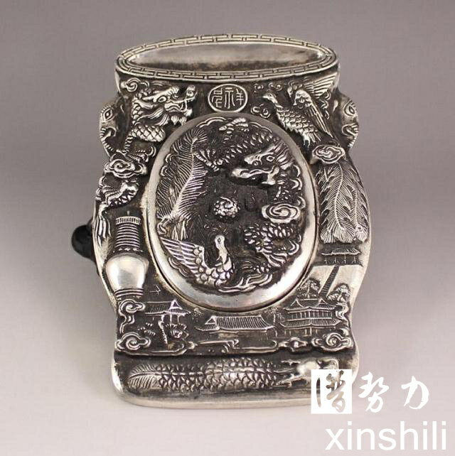 祥龍觀文玩古玩文房四寶收藏 純銅白銅 今庭硯龍鳳呈祥小蓋硯臺