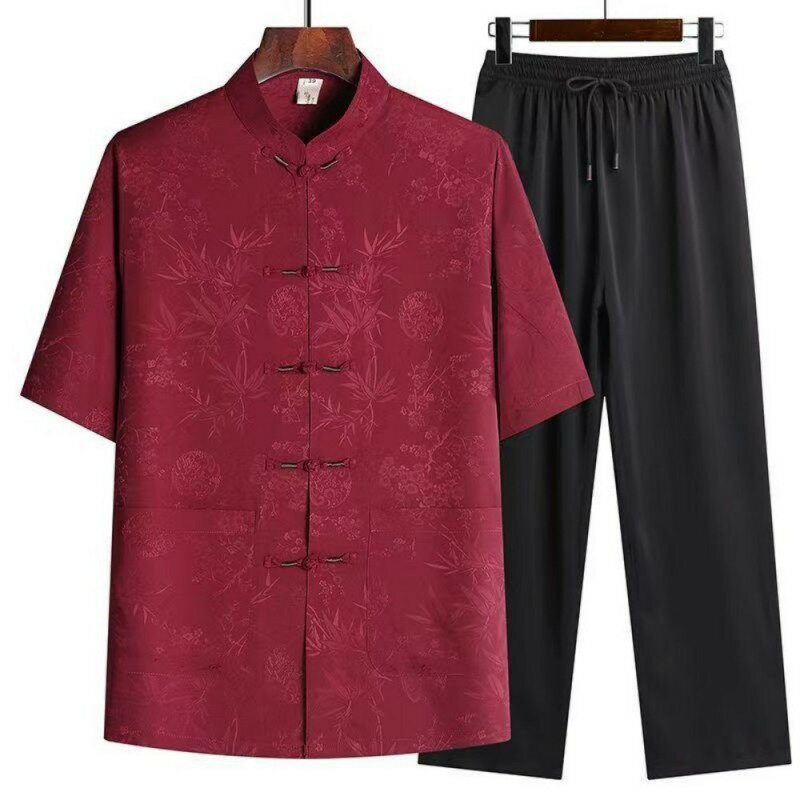 【巴黎精品】現貨+預購 新中式唐裝套裝中國風襯衫短袖上衣長褲休閒男裝-竹葉男裝3色a1kr55