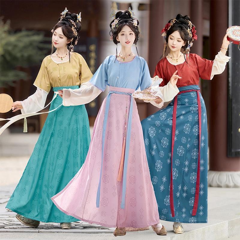 瑤圃宴新款原創唐制漢服印花坦領唐褙子春夏圓領衫齊腰破裙日常款z7302