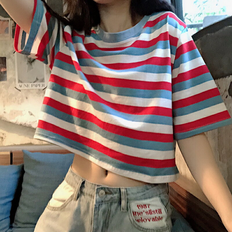 設計感條紋短袖t恤女夏季ins潮原宿風短款露臍寬松學生上衣服