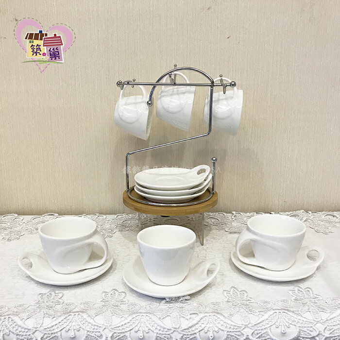白瓷茶組6杯+6盤+架組-立體手把造型~【築巢傢飾】