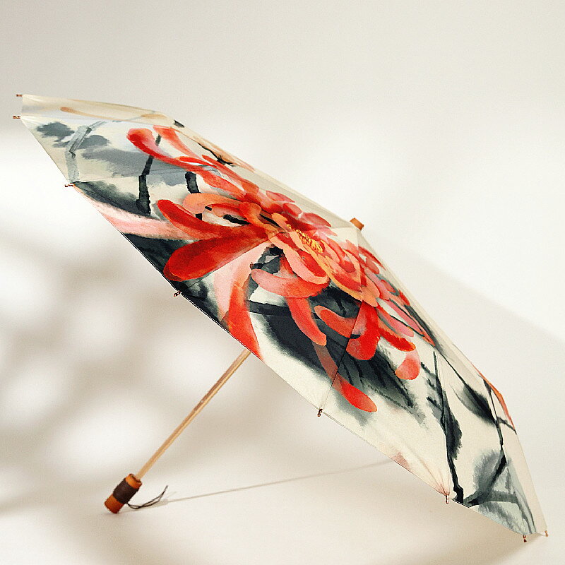 復古風傘女 中國風水墨畫木柄16骨平面三折疊傘抗風防水雨傘