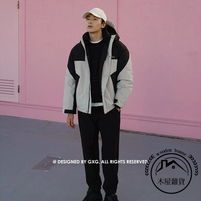 三防潮流拼色連帽羽絨服男戶外保暖羽絨服潮流外套【木屋雜貨】