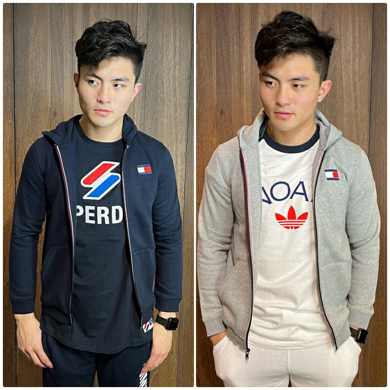 美國百分百【全新真品】Tommy Hilfiger 棉質 連帽 外套 夾克 TH 男 Logo 深藍 灰色 BO81