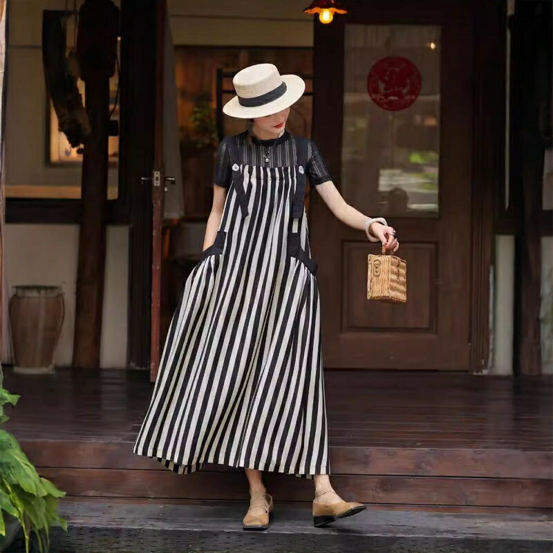 現貨+預購 新中式吊帶裙連身裙天絲長裙(復古大裙擺黑白條紋女裙子74ku78)【獨家進口】【米蘭精品】