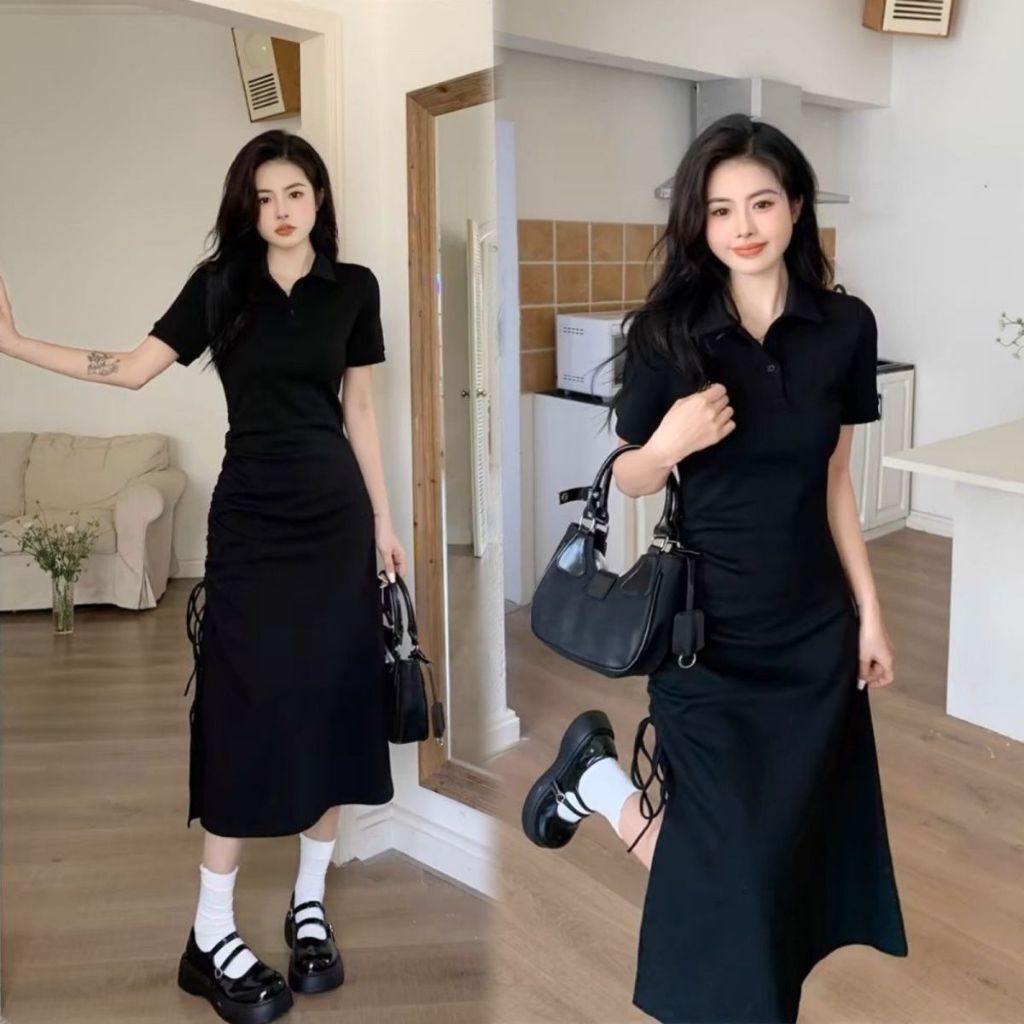 FUXI 短袖洋裝女 連身長裙 中長裙 抽繩褶皺收腰設計長裙 Polo翻領開叉連衣裙 修身顯瘦T恤長裙 連身裙子 女裝