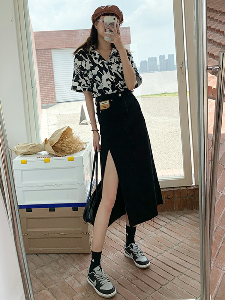 韓國牛仔半身裙女高腰2021年夏季新款韓版開叉黑色包臀a字中長裙