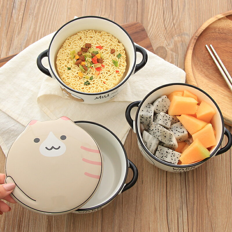 貓咪陶瓷泡麵碗附叉子雙耳碗附湯匙蓋子拌飯碗餐具組-多款【AAA4047】